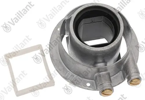 Vaillant Adapter mit Anschlussmöglichkeiten, runder Form und zwei Ausgängen, ergänzt durch eine rechteckige Dichtung aus elastischem Material.